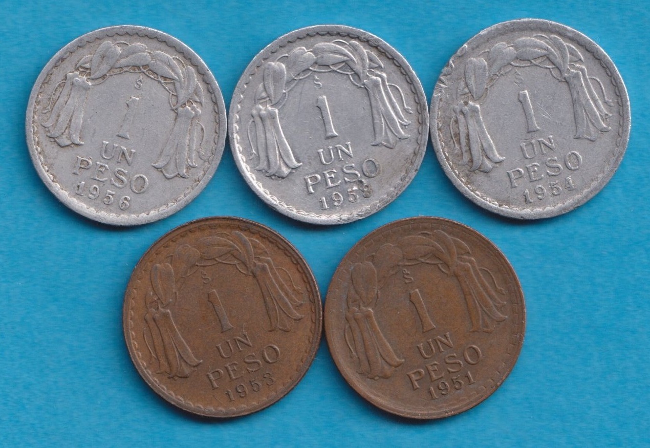  Chile  5 Münzen 1 Peso 1951 + 1953 + 1954 + 1956 + 1958   