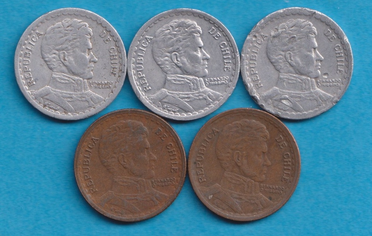  Chile  5 Münzen 1 Peso 1951 + 1953 + 1954 + 1956 + 1958   