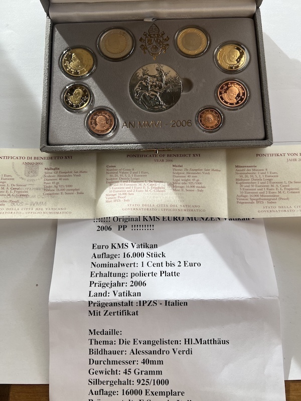  Vatikan KMS 2006 AN.MMVI Kursmünzen-Satz EURO PP + Medaille 925 Silber + Zertifikat   