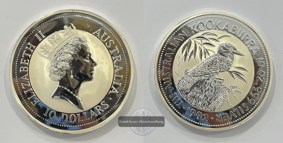  Australien 10 Dollar 1992 Kookaburra 10 Unzen FM-Frankfurt Feinsilber: 311g   