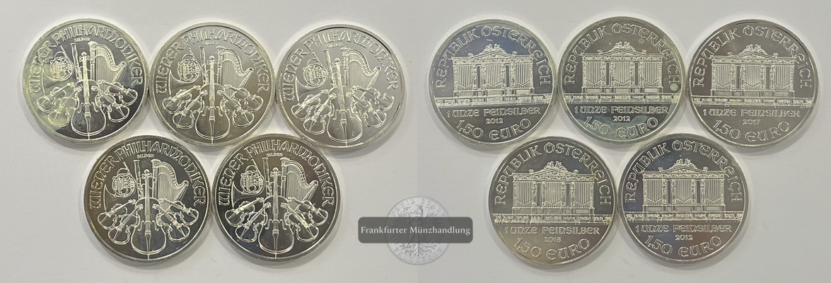  Österreich 5x 1,50 Euro Wiener Philharmoniker 2012/17/18 LOT FM-Frankfurt Feinsilber: 155g   