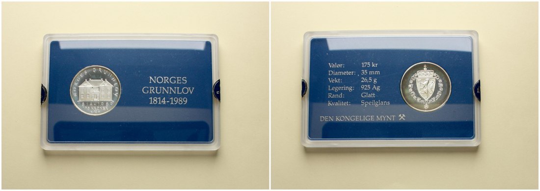  Norwegen: Olav V., 175 Kroner, stgl. zum Gundgesetz Jubiläum, in Silber, siehe unten.   