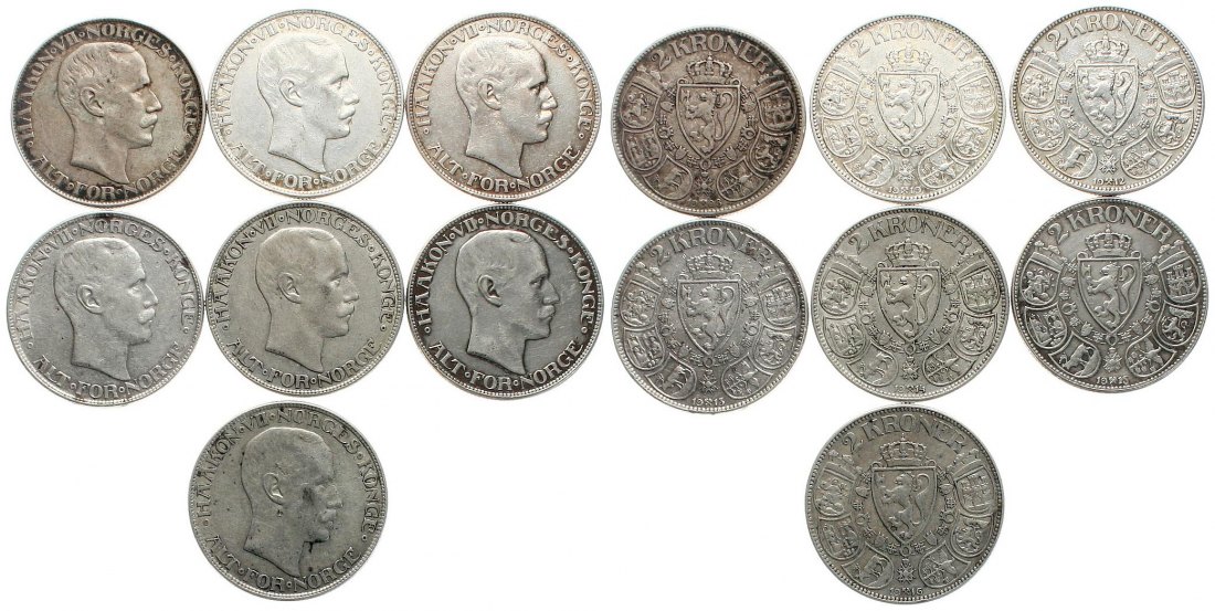  Norwegen: Håkon VII:, TOP-LOT von 7 x 2 Kroner 1908,1916 in Silber! siehe unten!   