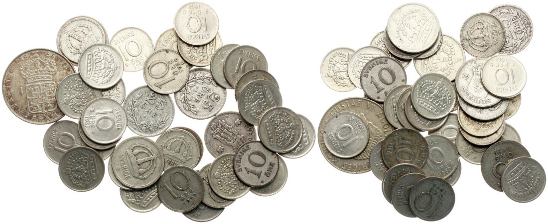  Schweden: Wertvolles Silberlot von 48 Münzen mit 164,45 Gramm und 72 Gramm reinem Silber!   