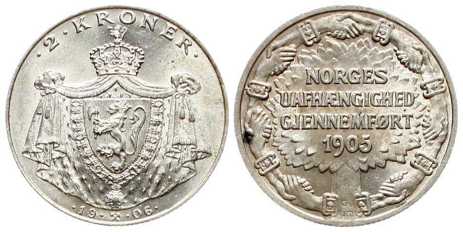  Norwegen: Håkon VII., 2 Kroner 1906 zur Gründung des Königreiches, PRACHTEXEMPLAR, Silber und selten   