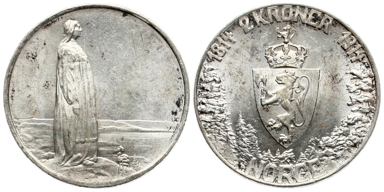  Norwegen: Håkon VII., 2 Kroner 1914. zum 100 jährigen jubil. der Verfassung, Silber, Info unten!   