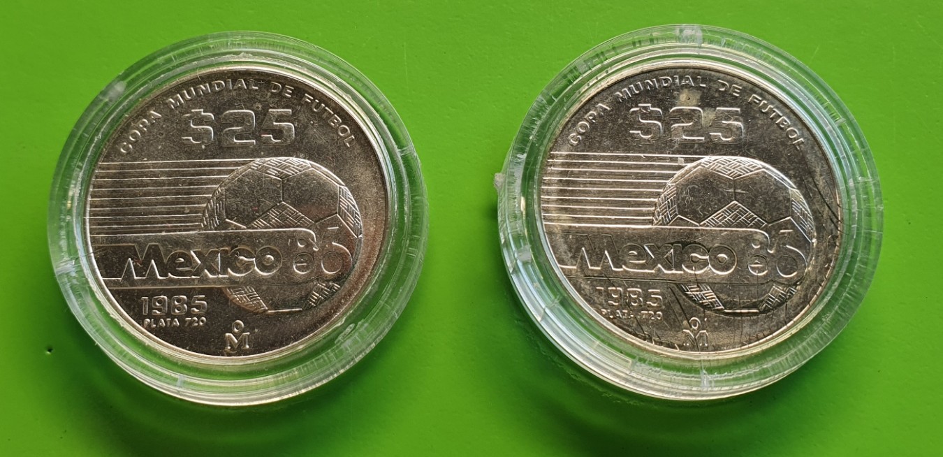  2 x Mexiko 25 Pesos, 1986 Fußballweltmeisterschaft Silber Münzen 15,56 g fein   