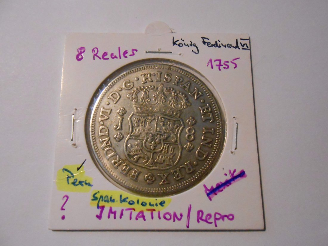 MED109 Münzreproduktion / -imitation einer 1755 8 Reales Silbermünze spanische Kolonie Peru   