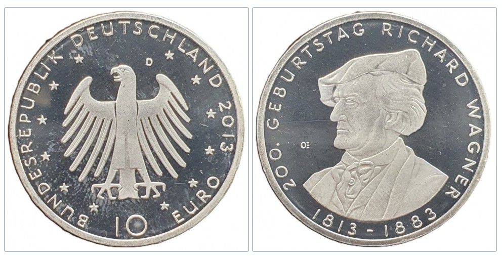  Deutschland 10 Euro, 2013 -- 200. Geburtstag von Richard Wagner Neusilber Münze PP   