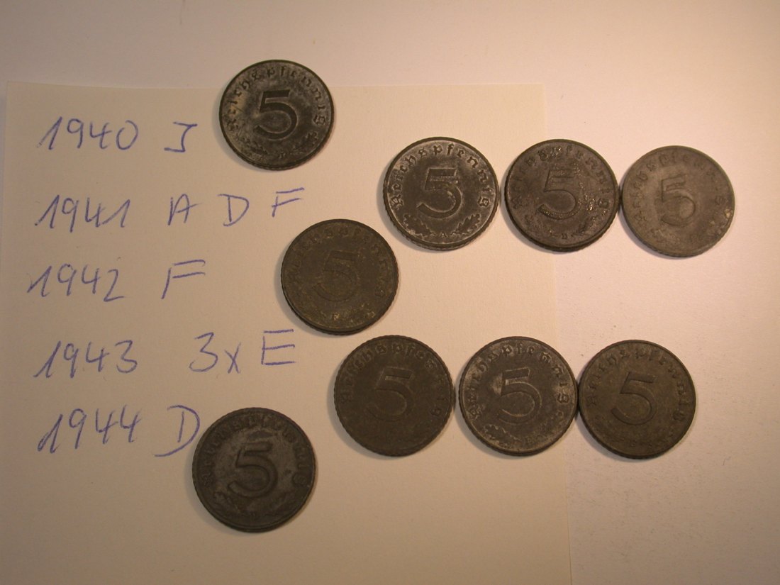  3. Reich 5 Pfennig  1940-1944 9 Stück    Originalbilder   