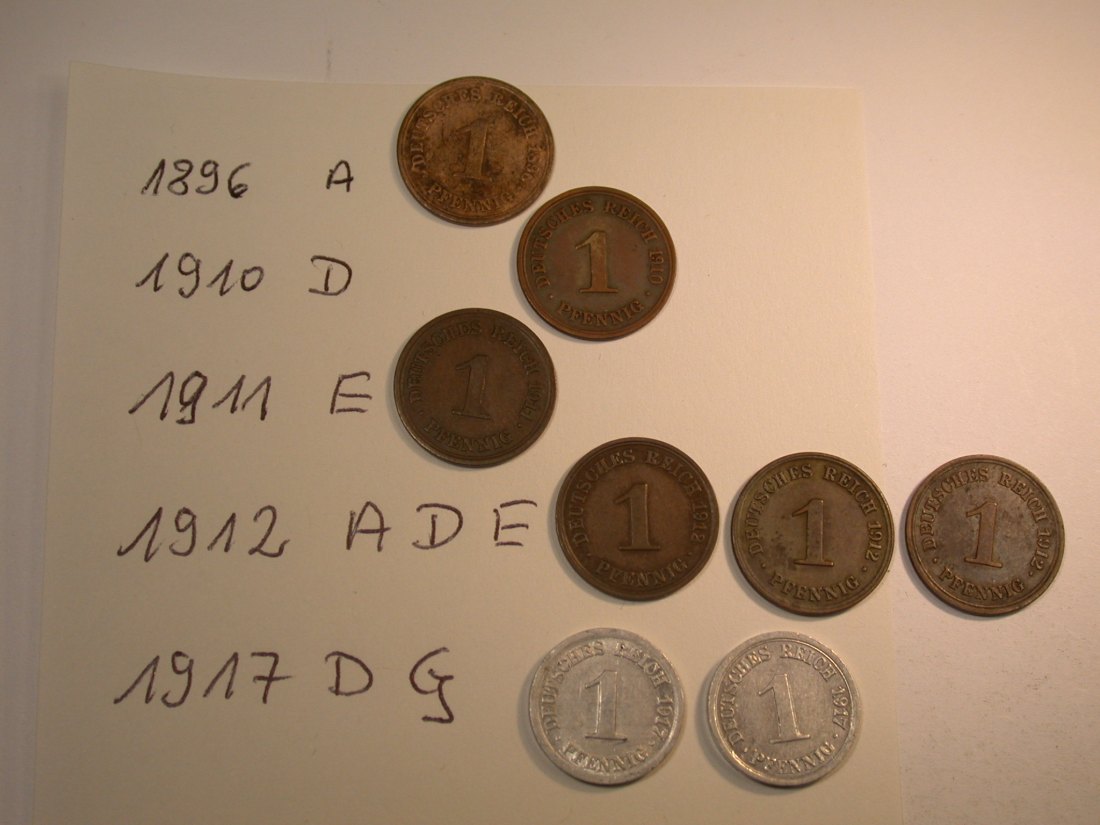  Kaiserreich  1 Pfennig 1896-1917  8 Münzen verschieden   Originalbilder   