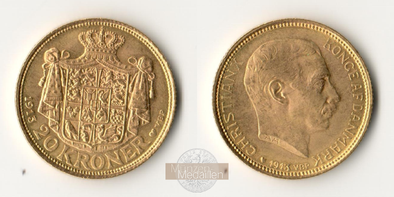 Dänemark, Christian X MM-Frankfurt KM#817 Feingold: 8,06g 20 Kronen (1913-1931) 1914 