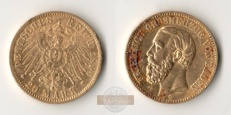Dt. Kaiserreich Baden, Friedrich I MM-Frankfurt KM#270 Feingold: 7,17g 20 Mark (1894-1895) 1894 G 