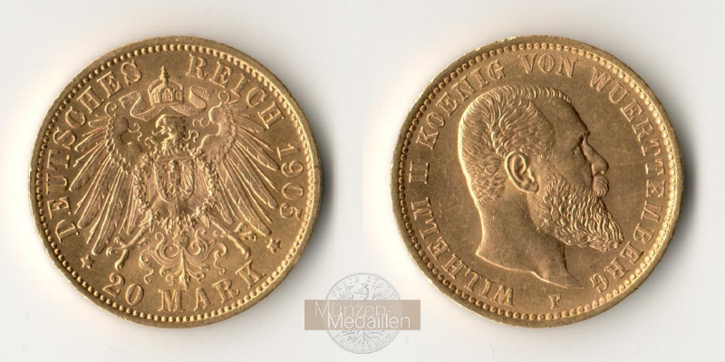Würtemberg. Wilhelm II. 1891-1918. MM-Frankfurt Feingewicht: 7,17g Gold 20 Mark 1905 F 