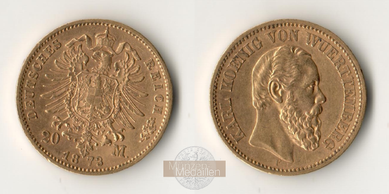 Dt. Kaiserreich Württemberg, Karl I MM-Frankfurt KM#622 Feingold: 7,17g 20 Mark (1872-1873) 1873 F 