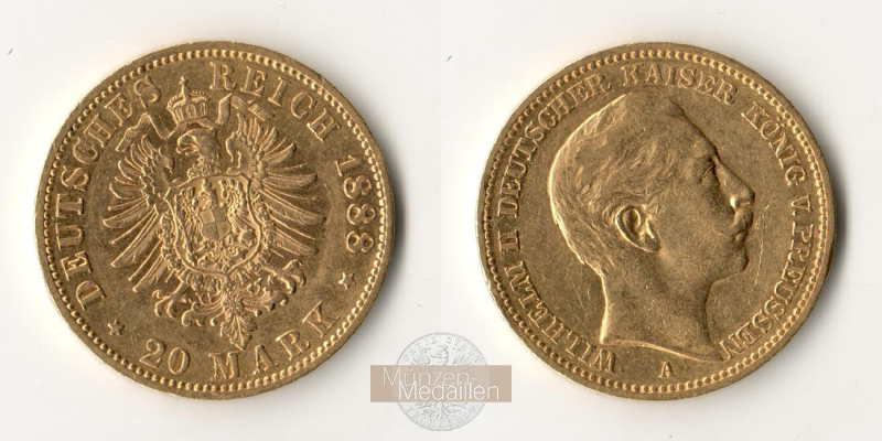 Deutsches Kaiserreich. Preussen, MM-Frankfurt Feingold: 7,17g Wilhelm II. 1888-1918. 20 Mark 1888 A 