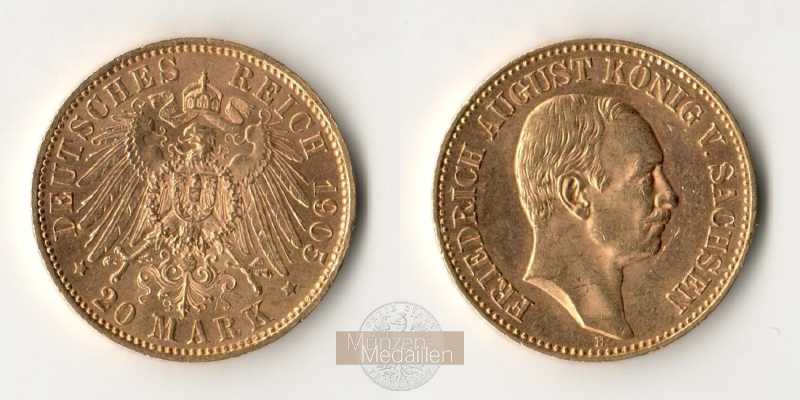 Deutsches Kaiserreich. Sachsen, MM-Frankfurt Feingold: 7,17g Friedrich August III. 20 Mark 1905 E 