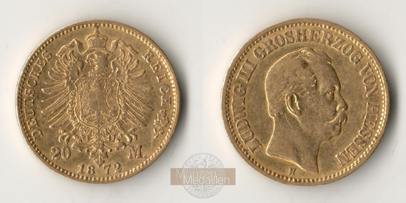  Deutsches Kaiserreich. Hessen, Ludwig III. 20 Mark 1872 H  MM-Frankfurt  Feingold: 7,17g   