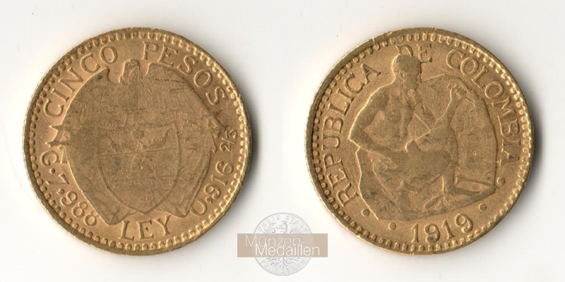 Kolumbien MM-Frankfurt  Feingold: 7,32g 5 Pesos 1919 