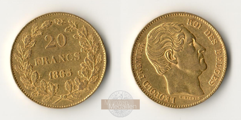 Belgien 20 Francs Léopold I 1865 (1864-1866) MM-Frankfurt Feingold: 5,805g   