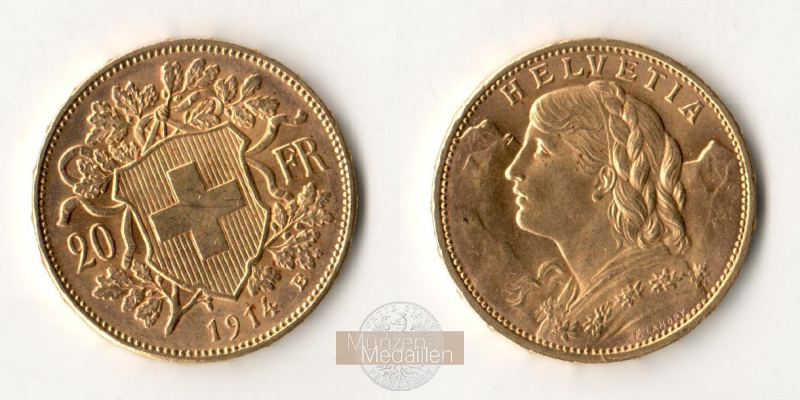 Schweiz  20sFR MM-Frankfurt KM#35.1 Feingold: 5,81g Vreneli 1914 B 