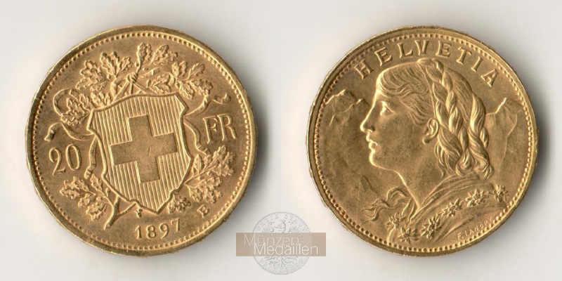 Schweiz MM-Frankfurt Feingewicht: 5,81g Gold 20sFR 1897 B sehr schön