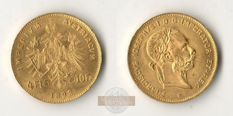 Österreich MM-Frankfurt   Feingold: 2,9g 4 Florin - 10 Francs 1892 NP 