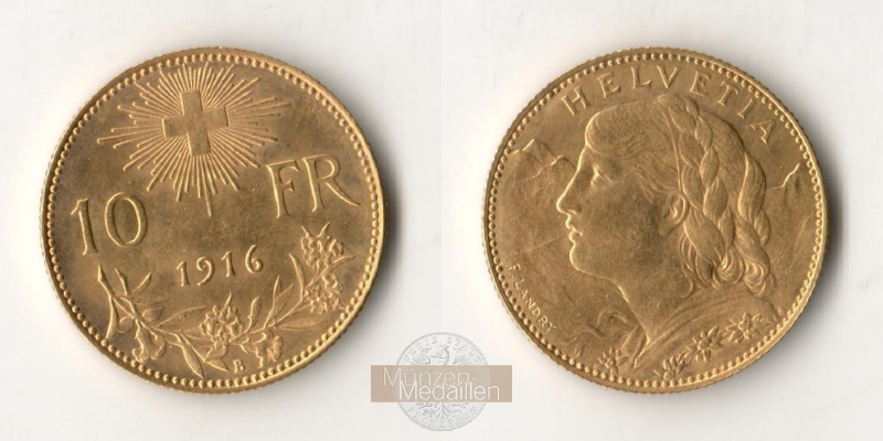  Schweiz 10 Francs 1916 (1911-1922) B Helvetia MM-Frankfurt KM#36 Feingold: 2,9g   