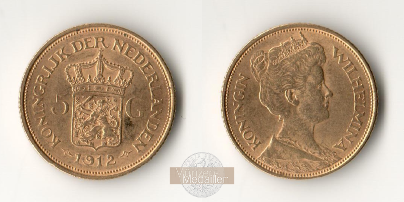 Niederlande, Wilhelmina MM-Frankfurt KM#151 Feingold: 3,02g 5 Gulden 1912 