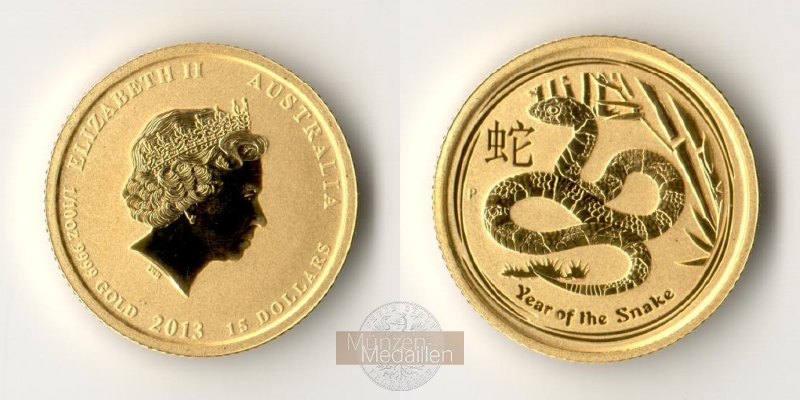 Australien 15 Dollar MM-Frankfurt Feingold: 3,11 g Jahr der Schlange 2013 
