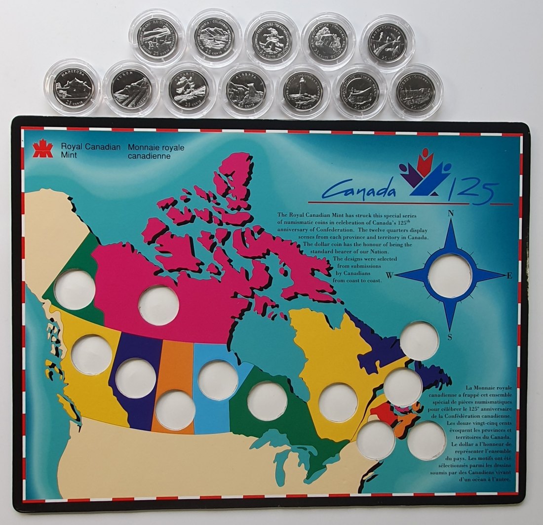  Kanada Canada 125th anniversary of Confederation 13 Münzen zu 25 Cent mit Blister   