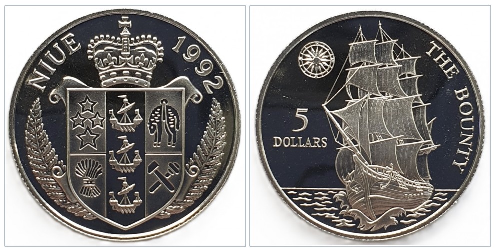  Niue 5 Dollar, 1992 HMS Bounty Polierte Platte Silber Münze 5 g fein   