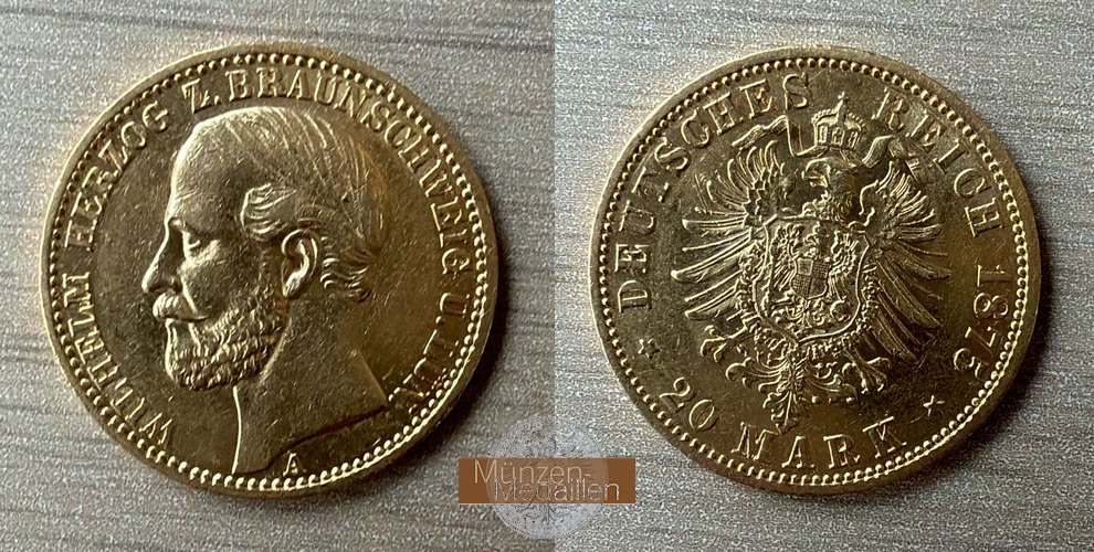 Deutsches Kaiserreich, Braunschweig. MM-Frankfurt Feingold: 7,17g 20 Mark 1875 A  