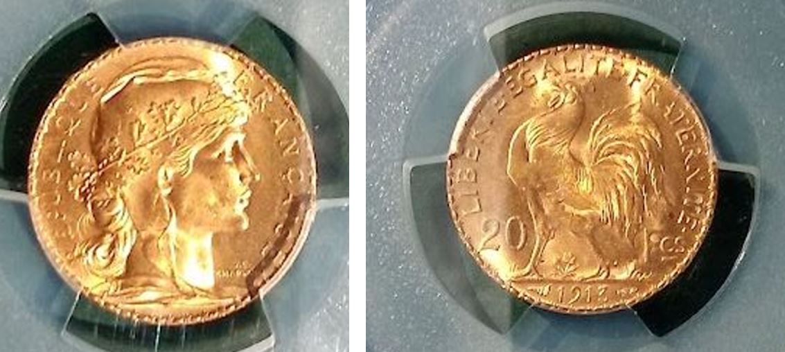  FRANKREICH 20 GOLD FRANCS - MARIANNE 1913 - PCGS MS 65   