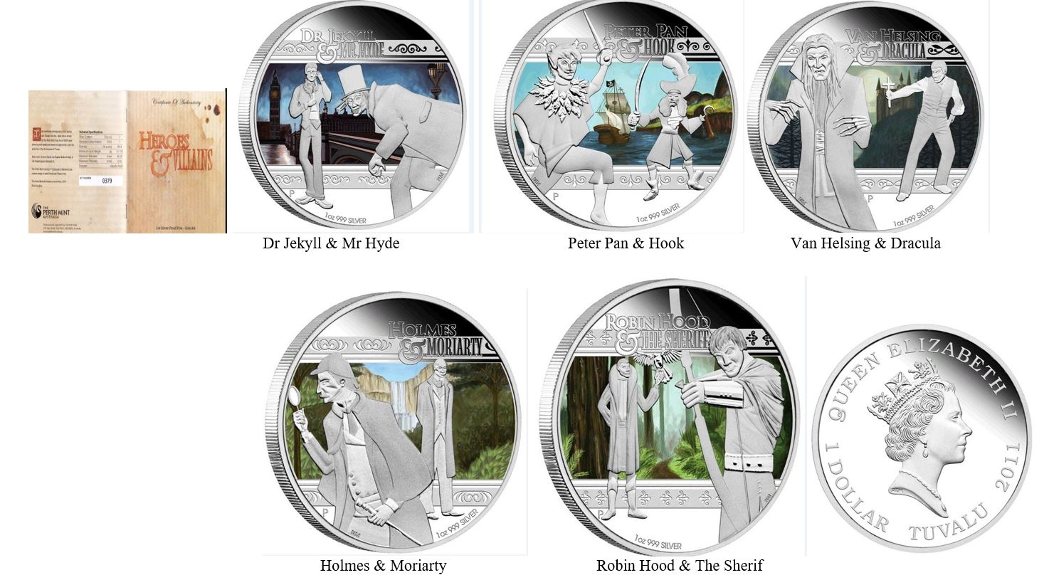  TUVALU-2011- HEROES & VILLAINS  5 coins Set - 5 * 1 OZ SILVER 999 PROOF.PP. Full Packaging.   
