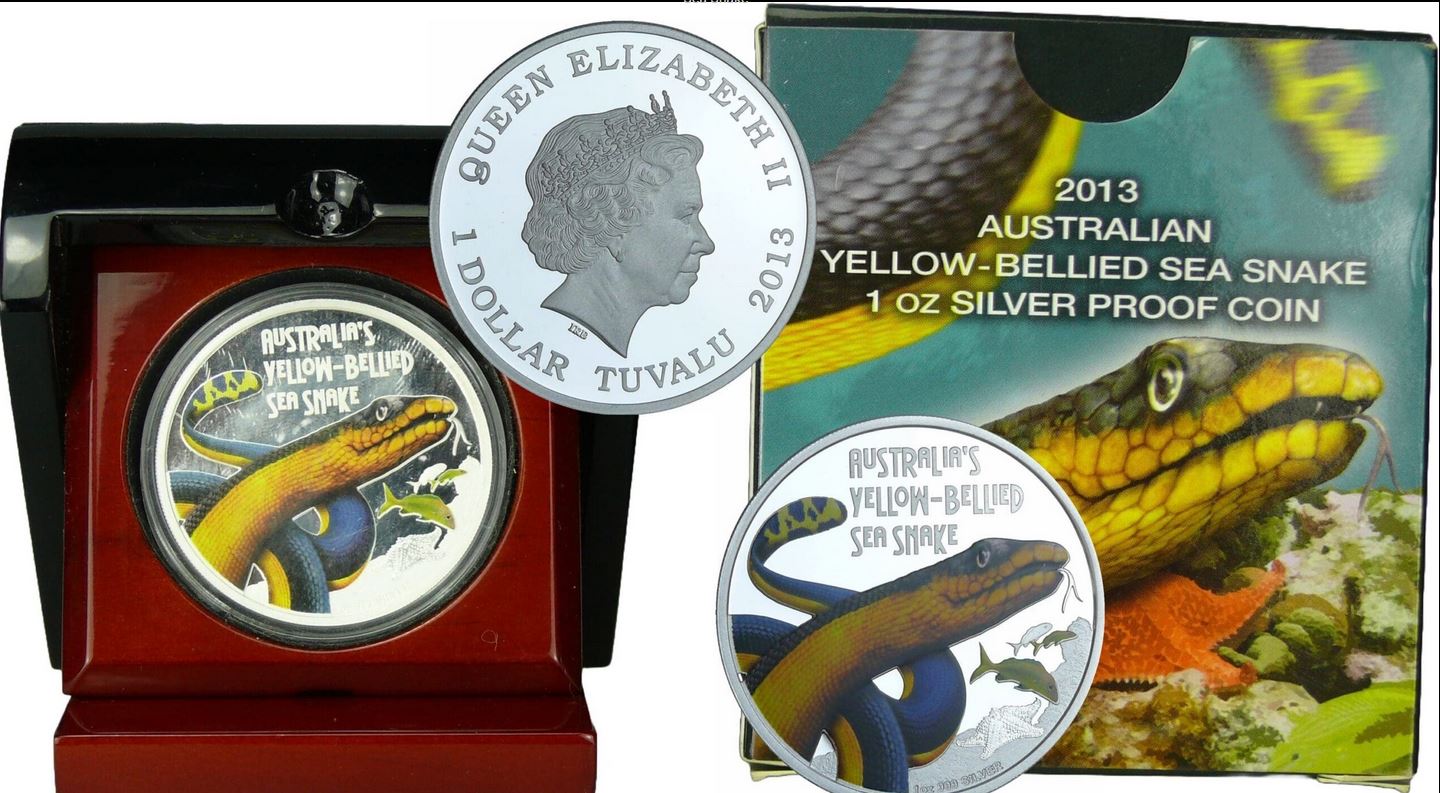  TUVALU-2013- Yellow Bellied Sea Snake - 1 OZ SILVER 999 PROOF.PP. Full Packaging   