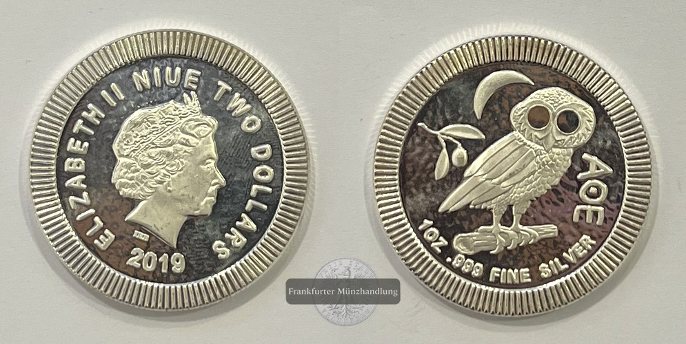  Niue 2 Dollar 2019 (2017-22) Athena Eule FM-Frankfurt KM#1429.1 Feinsilber: 31,1g   