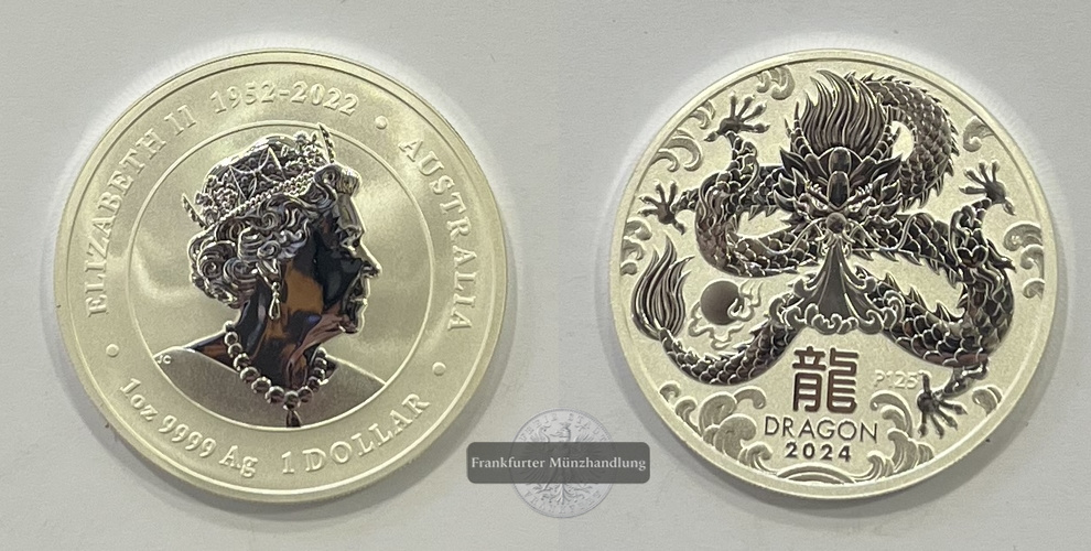  Australien 1 Dollar 2024 Year of the Dragon 1 Unze FM-Frankfurt KM#4639 Feinsilber: 31,1g   