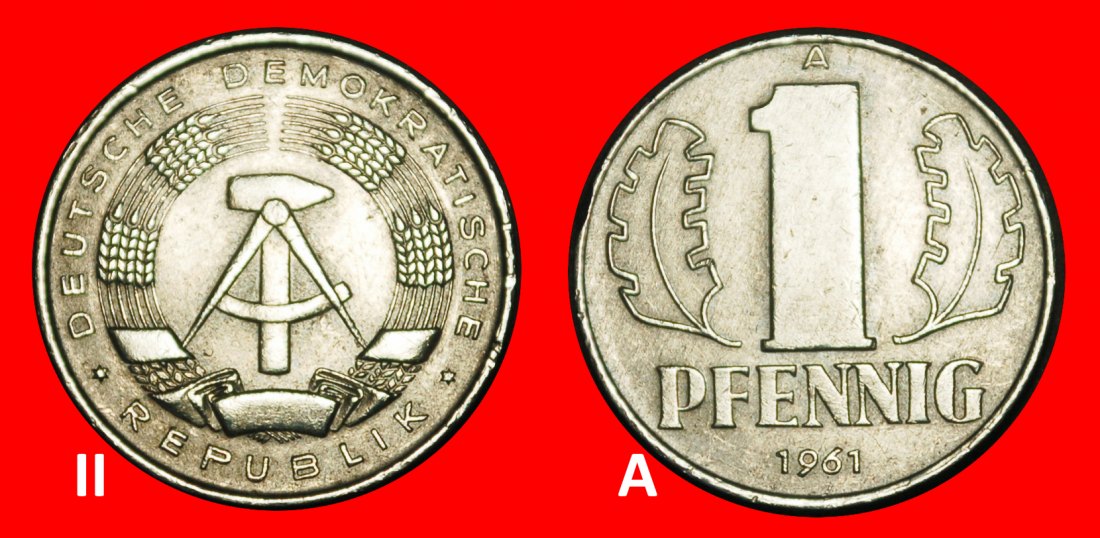  Ⰺ HAMMER AND COMPASS (1960-1990): GERMANY★1 PFENNIG 1961A★NOT USSR★DISCOVERY★LOW START ★ NO RESERVE!   