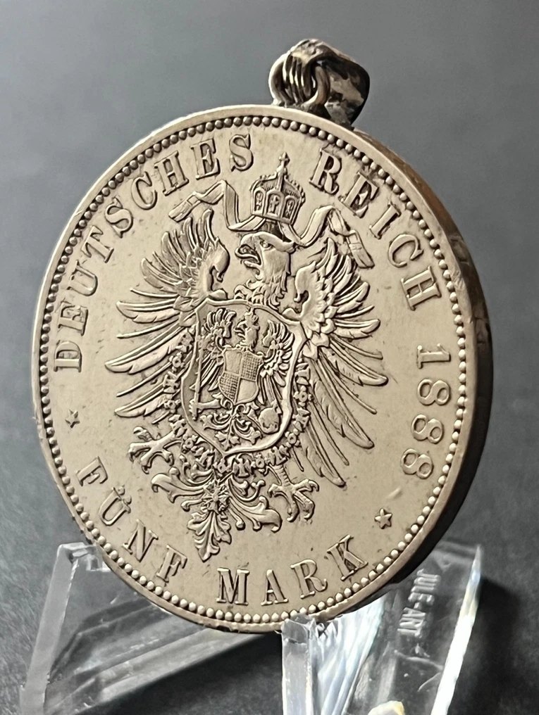  5 MARK Preußen 1888 JÄGER 99 VZ mit Charivari Anhänger   
