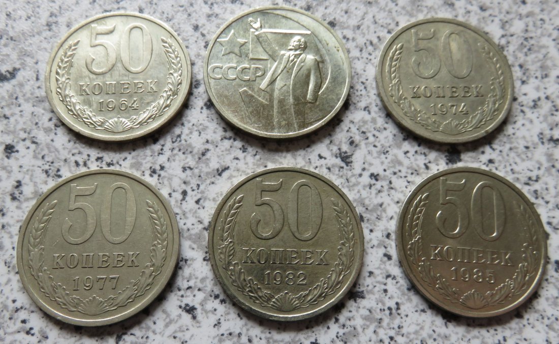  Sowjetunion 50 Kopeken 1964 - 1985, 6 vercshiedene Jahrgänge   