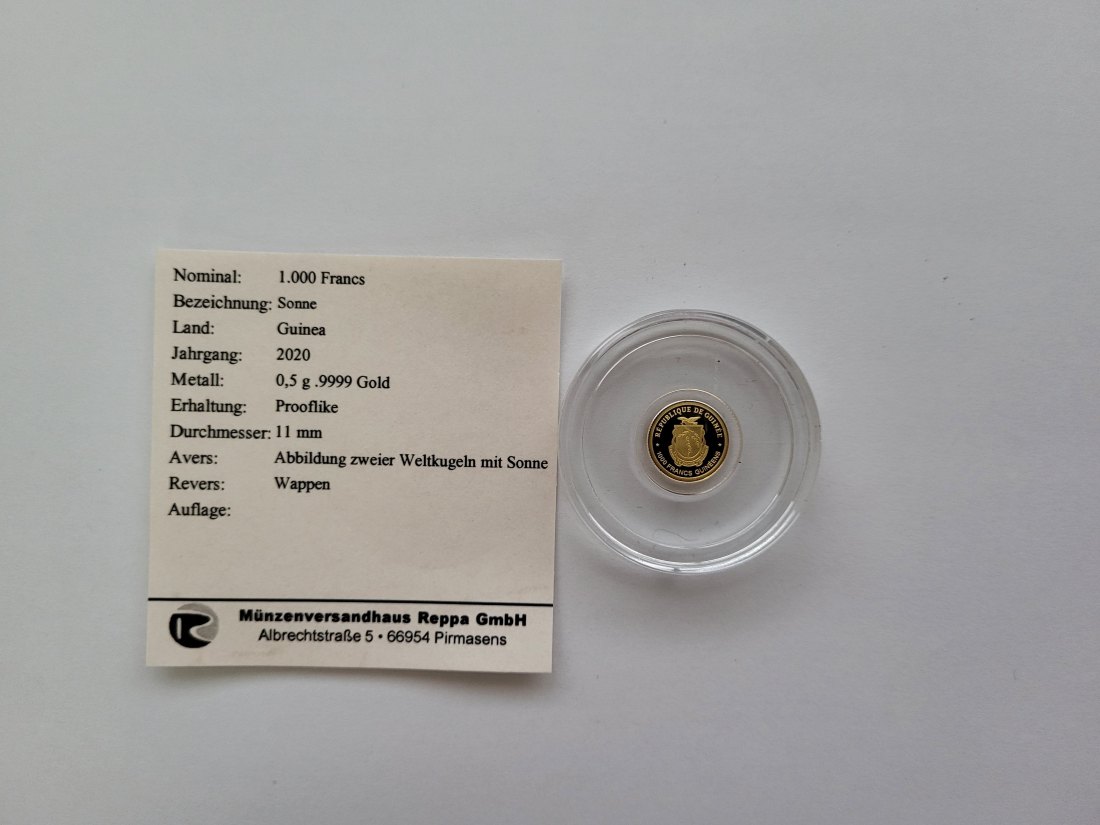 1000 Francs 2020 Sonne Unified Nation Goldmünze 0,5g 9999 Guinea Spittalgold9800 (5525   