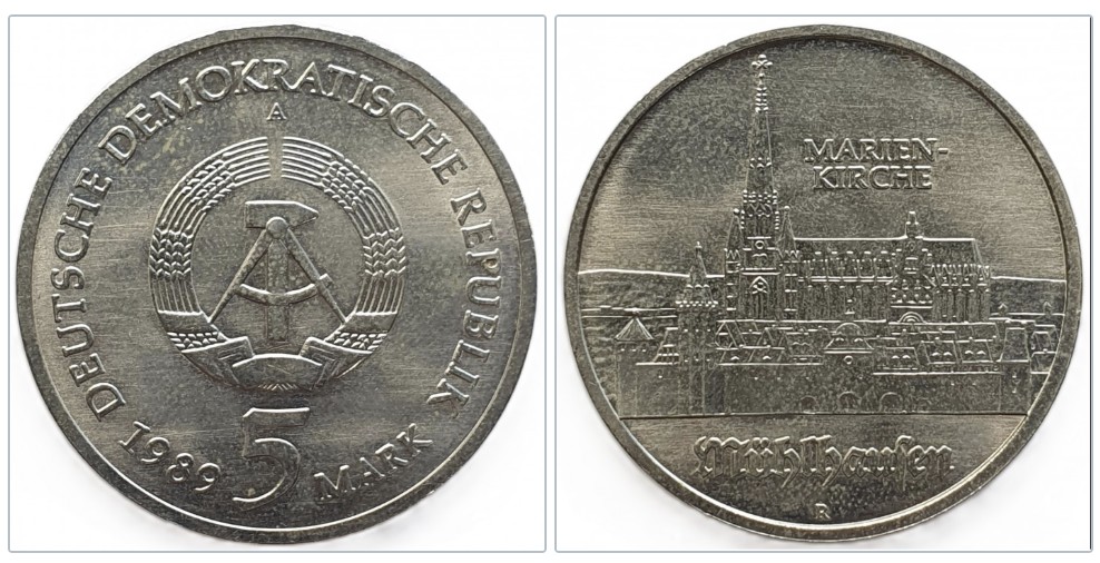  Deutschland - DDR 5 Mark, 1989 500. Geburtstag von Thomas Müntzer, Marienkirche in Mühlhausen   