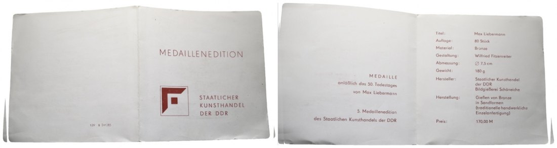 Medaille 1935; Max Liebermann, Bronze, 150,40 g; Ø 77,26 mm   