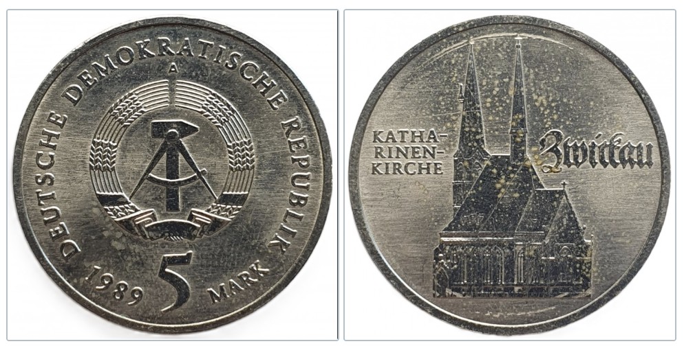  Deutschland - DDR 5 Mark, 1989 500. Geburtstag von Thomas Müntzer, Katharinenkirche in Zwickau   