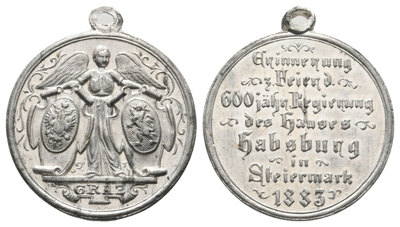  Medaille 1883; Graz; Erinnerung 600. jähr. Regierung Haus Habsburg; gehenkelt; 11,96 g; Ø 30,18 mm   