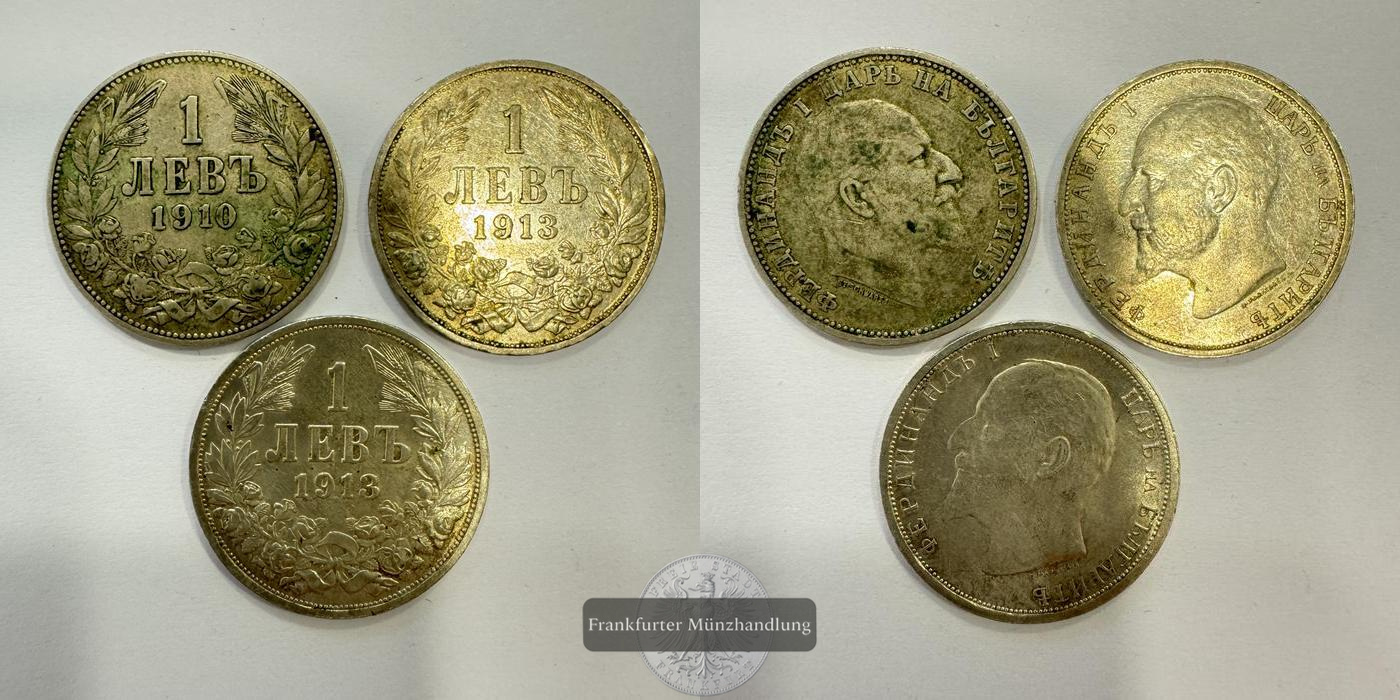  Bulgarien 3x 1 Leva Ferdinand I 1910&'13 FM-Frankfurt Feinsilber: 12,525g   