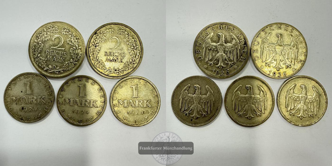  Weimarer Rep. 2 Reichsmark 1926 & 3x 1 Mark 1924 FM-Frankfurt Feinsilber: 17,5g   