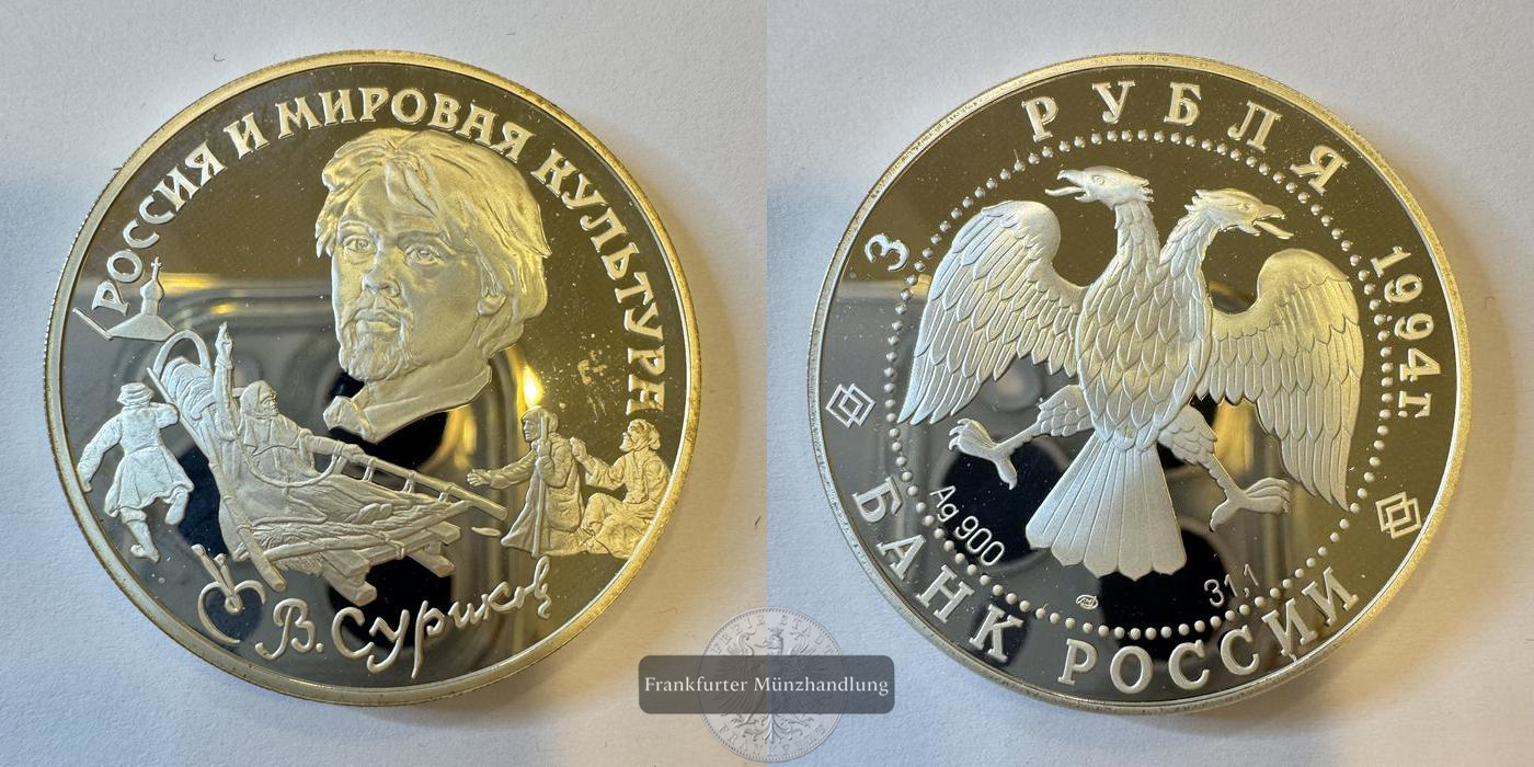  Russland 3 Roubles (V.I. Surikov) 1994 FM-Frankfurt Feinsilber: 31,4g   