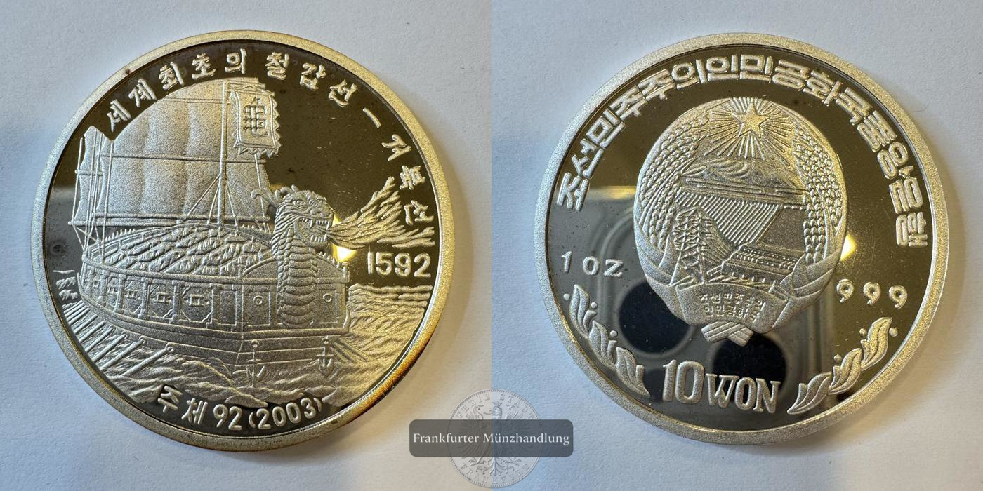  Nord-Korea 10 Won (Turtle Boat) 2003 FM-Frankfurt Feinsilber: 31,1g   